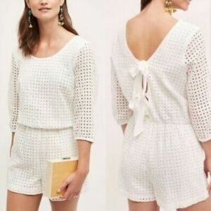ANTHROPOLOGIE LILKA Women's White Eyelet Bow Back 3/4 Sleeve Romper Sz Small